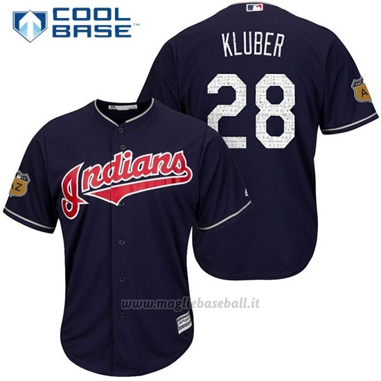 Maglia Baseball Uomo Cleveland Indians Corey Kluber 28 Blu 2017 Allenamento Primaverile Cool Base Giocatore